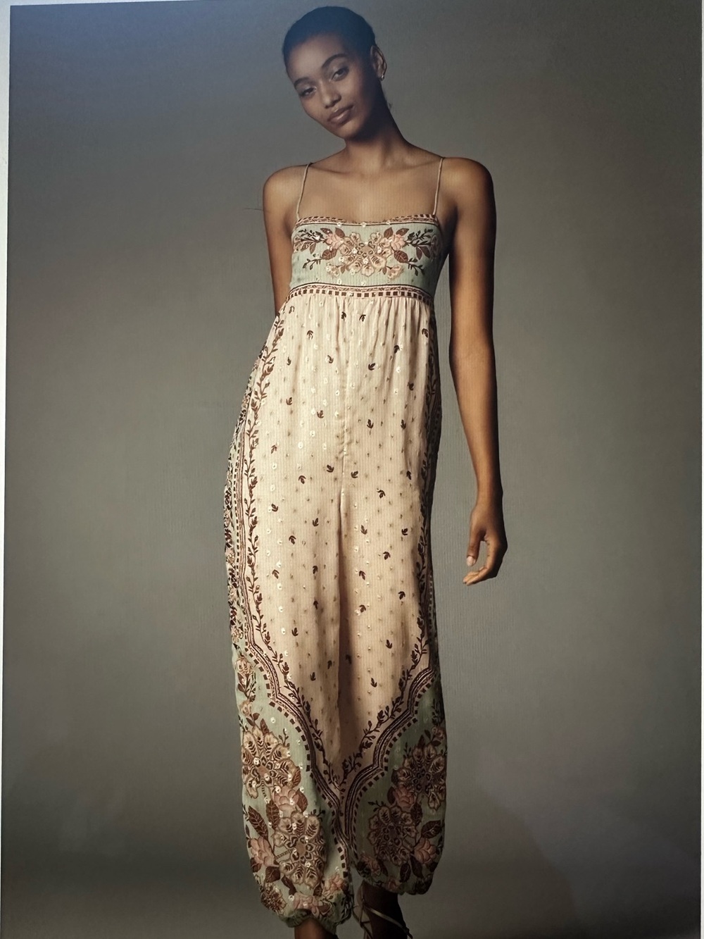New with Tag! FARM Rio Cream & Sage Floral Embroidered Spaghetti-Strap Jumpsuit